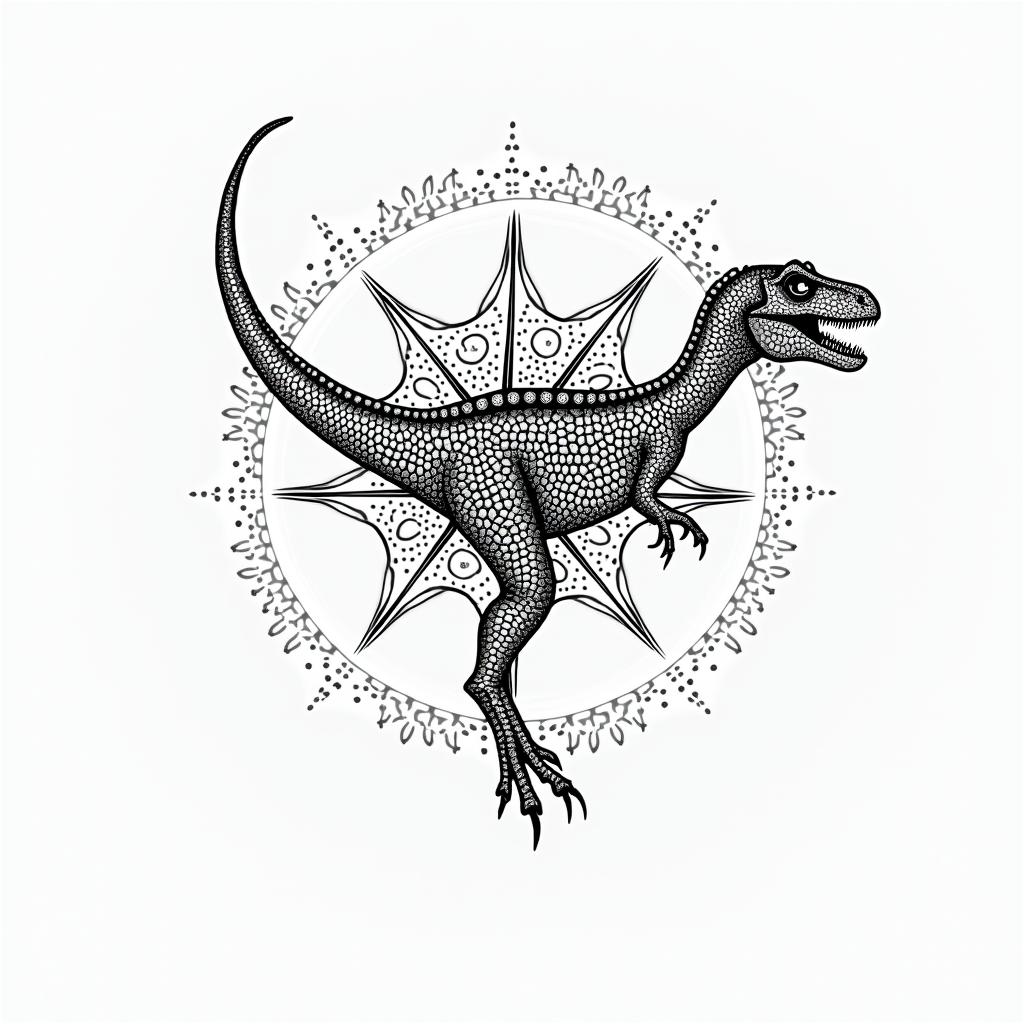 Velociraptorin dotwork style tattoo, complex mandala patterns, interlocking geometric shapes with sharp symmetry, clean lines, sharp angles