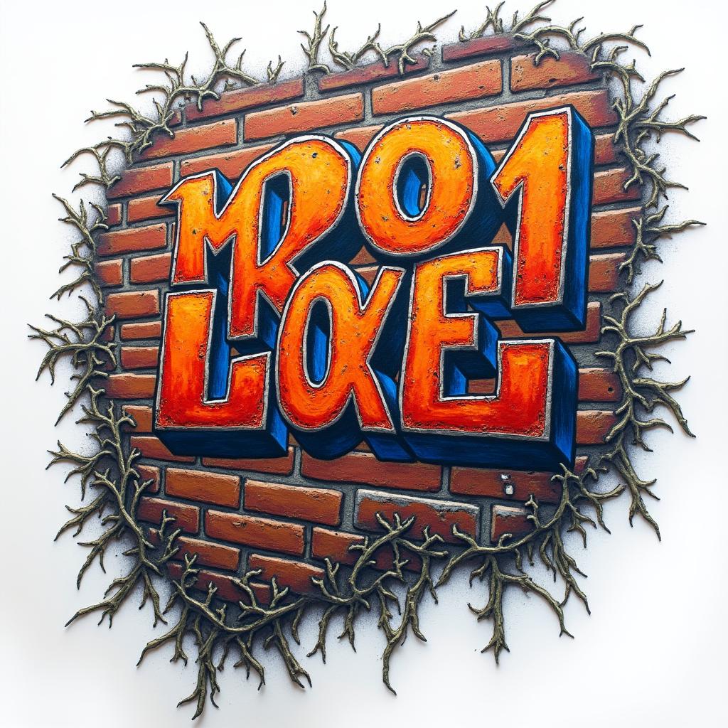 A vibrant and textured brick wall featuring orange and blue graffiti lettering that spells out "Broncos," symbolizing a celebration of 11 years of marriage. The wall is adorned with visible cracks and vines, representing the passage of time and growth in the relationship. The iconic Denver Broncos logo is positioned sideways on the inside of the left forearm, blending seamlessly into the graffiti style, creating a dynamic and meaningful tribute to a wedding at the Broncos stadium.higly detailed tattoo - Variation 2