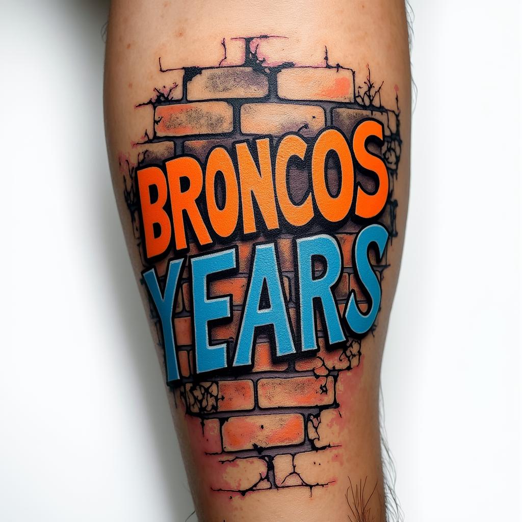 A vibrant and textured brick wall featuring orange and blue graffiti lettering that spells out "Broncos," symbolizing a celebration of 11 years of marriage. The wall is adorned with visible cracks and vines, representing the passage of time and growth in the relationship. The iconic Denver Broncos logo is positioned sideways on the inside of the left forearm, blending seamlessly into the graffiti style, creating a dynamic and meaningful tribute to a wedding at the Broncos stadium.higly detailed tattoo