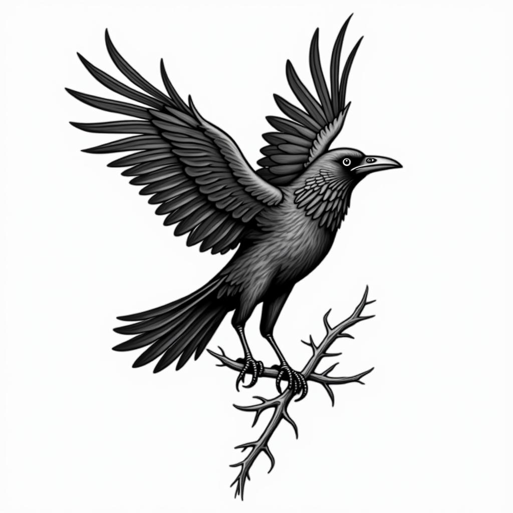 Crow, entangled, thorn, sideways, flapping,in authentic tattoo style, incorporating traditional modifications, bold black outlines, solid color fills, featuring classic authentic elements