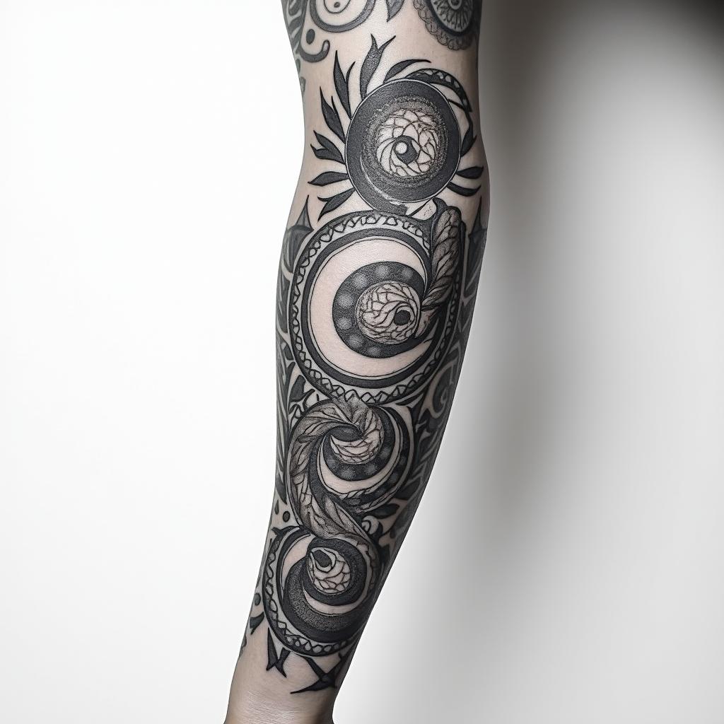 Full forearm tattoo with Zodiac signs Virgo, Libra and Piscesin tribal tattoo style, featuring bold and black geometric shapes, curved lines, intertwine and flow seamlessly, creating a powerful and symbolic design, polynesian and maori styles