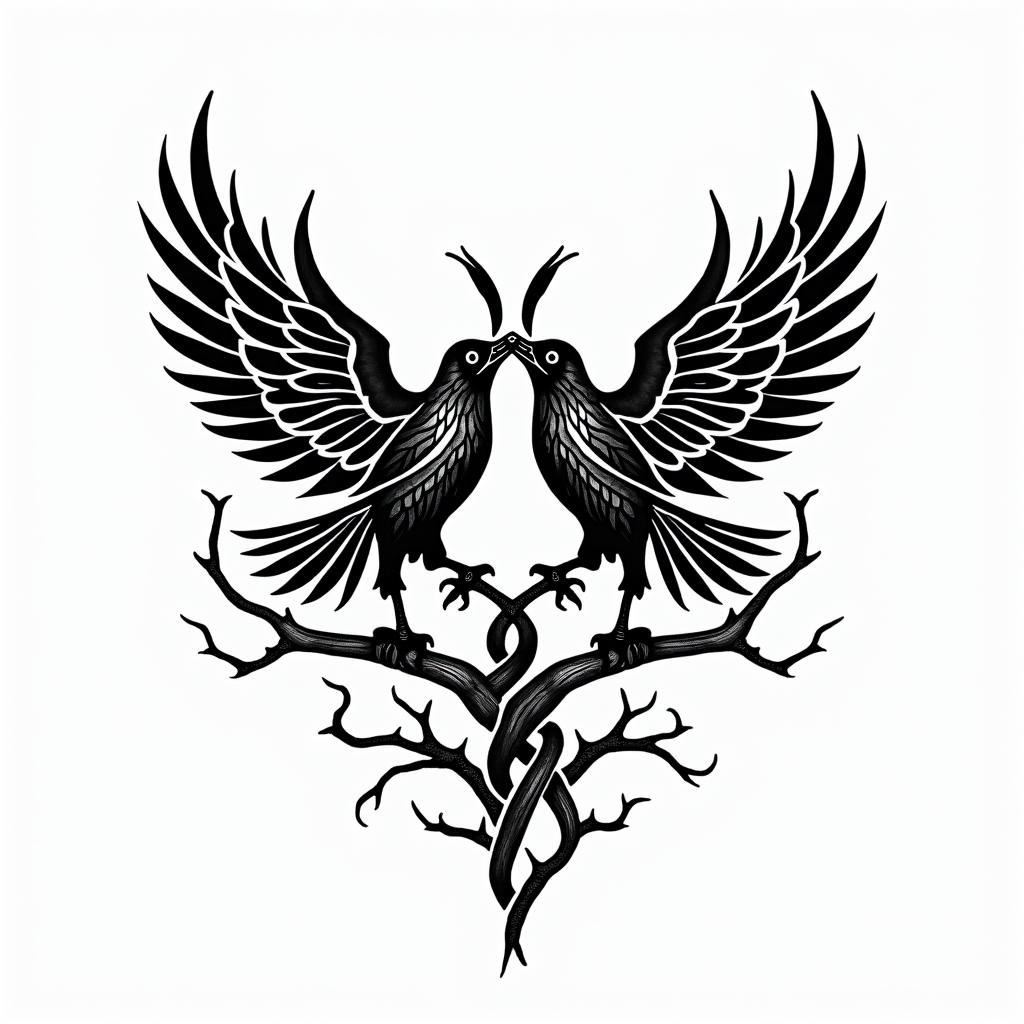 Crows, entangled, thorns, sideways, flapping.in tribal tattoo style, featuring bold and black geometric shapes, curved lines, intertwine and flow seamlessly, creating a powerful and symbolic design, polynesian and maori styles - Variation 3