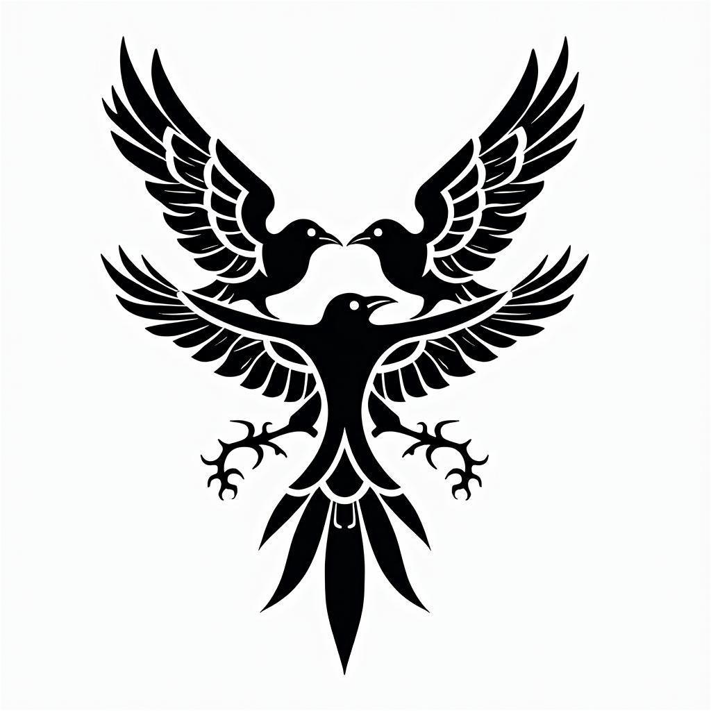 Crows, entangled, thorns, sideways, flapping.in tribal tattoo style, featuring bold and black geometric shapes, curved lines, intertwine and flow seamlessly, creating a powerful and symbolic design, polynesian and maori styles - Variation 2