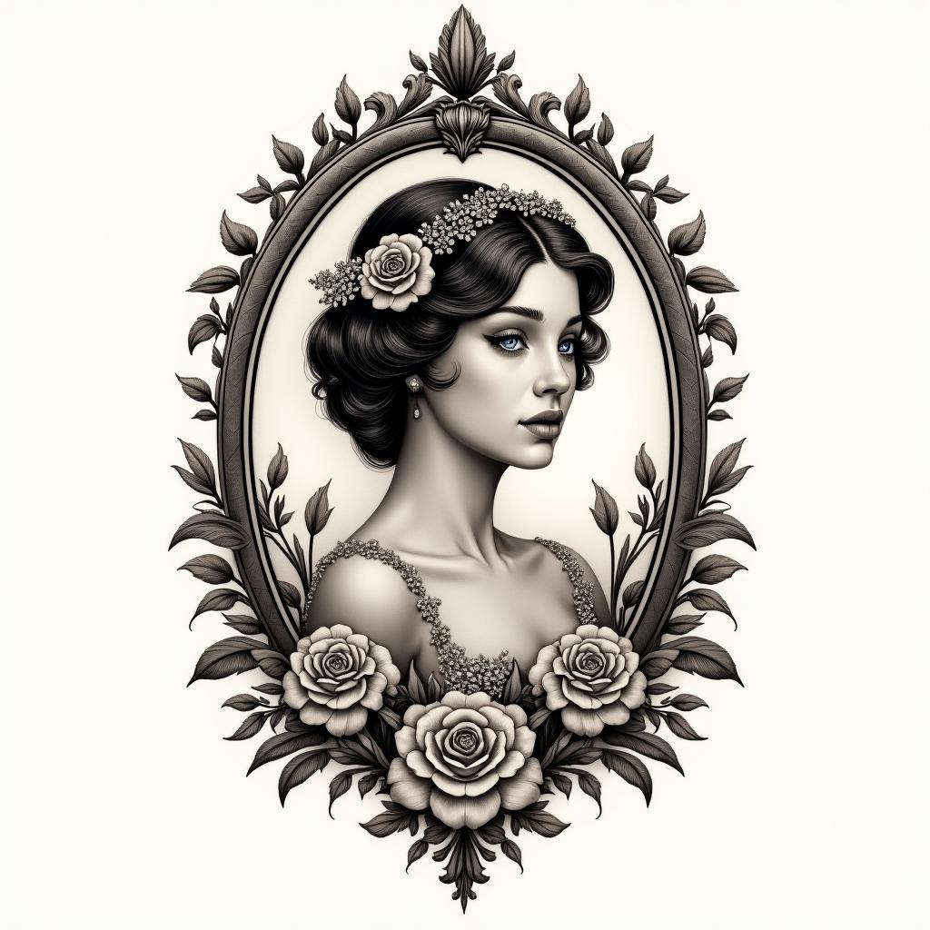 Fairy-tale, enchanted, royal, no flowers, noblein victorian style tattoo, featuring vintage and elegant elements, ornate frames, roses, antique, sepia-toned color scheme - Variation 2