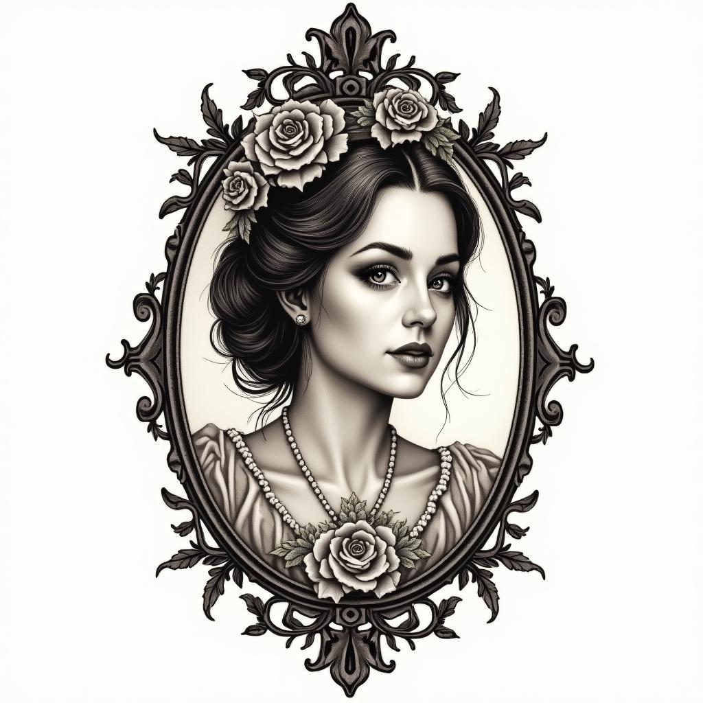 Fairy-tale, enchanted, royal, no flowers, noblein victorian style tattoo, featuring vintage and elegant elements, ornate frames, roses, antique, sepia-toned color scheme