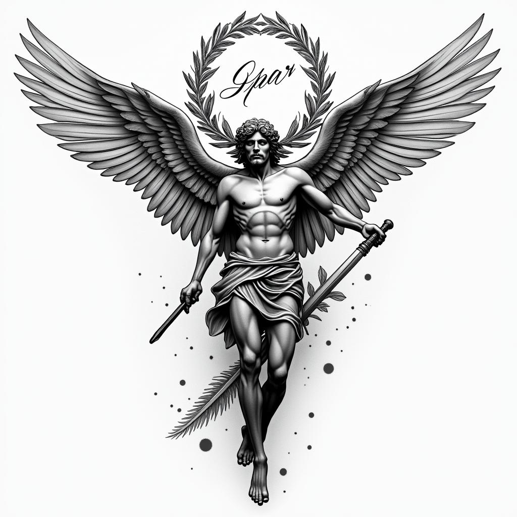 A patchwork-style tattoo featuring Icarus with outstretched wings, an emblematic Greek element like a laurel wreath, and the Archangel Michael depicted in a protective pose. Include a spear of Achilles symbolizing strength, and a handwritten quote in an elegant script that reads "Pain is temporary but glory is eternal," all connected with delicate lines. The overall design should convey a sense of strength and empowerment.higly detailed tattoo - Variation 3