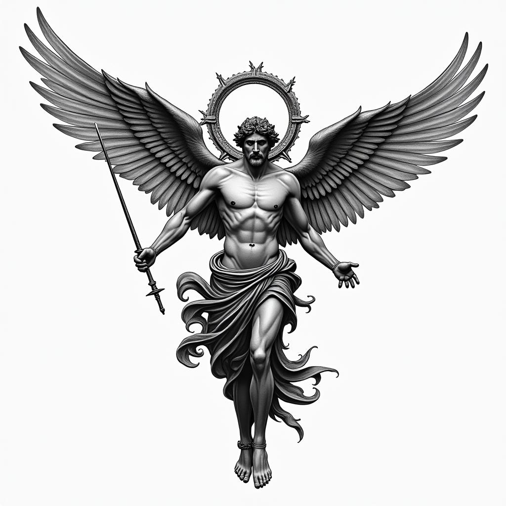 A patchwork-style tattoo featuring Icarus with outstretched wings, an emblematic Greek element like a laurel wreath, and the Archangel Michael depicted in a protective pose. Include a spear of Achilles symbolizing strength, and a handwritten quote in an elegant script that reads "Pain is temporary but glory is eternal," all connected with delicate lines. The overall design should convey a sense of strength and empowerment.higly detailed tattoo - Variation 2
