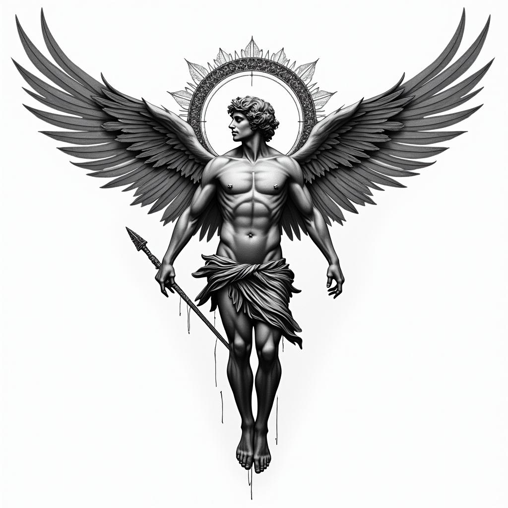 A patchwork-style tattoo featuring Icarus with outstretched wings, an emblematic Greek element like a laurel wreath, and the Archangel Michael depicted in a protective pose. Include a spear of Achilles symbolizing strength, and a handwritten quote in an elegant script that reads "Pain is temporary but glory is eternal," all connected with delicate lines. The overall design should convey a sense of strength and empowerment.higly detailed tattoo