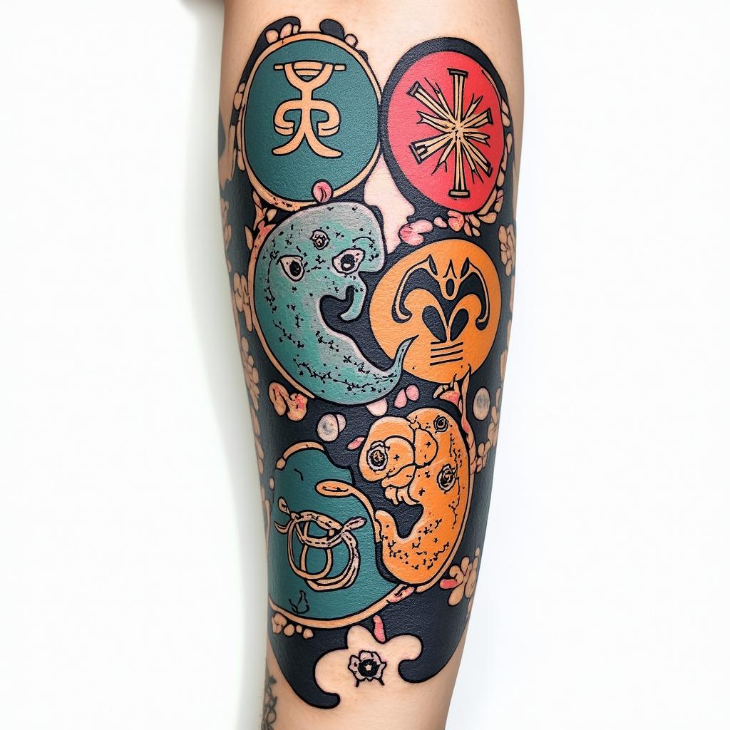 Full forearm tattoo with Zodiac signs Virgo, Libra and Piscesin pop art style tattoo, featuring bold and vibrant colors, exaggerated outlines, iconic imagery, inspired by comic books and speech bubbles, comic book characters, retro pop culture - Variation 3