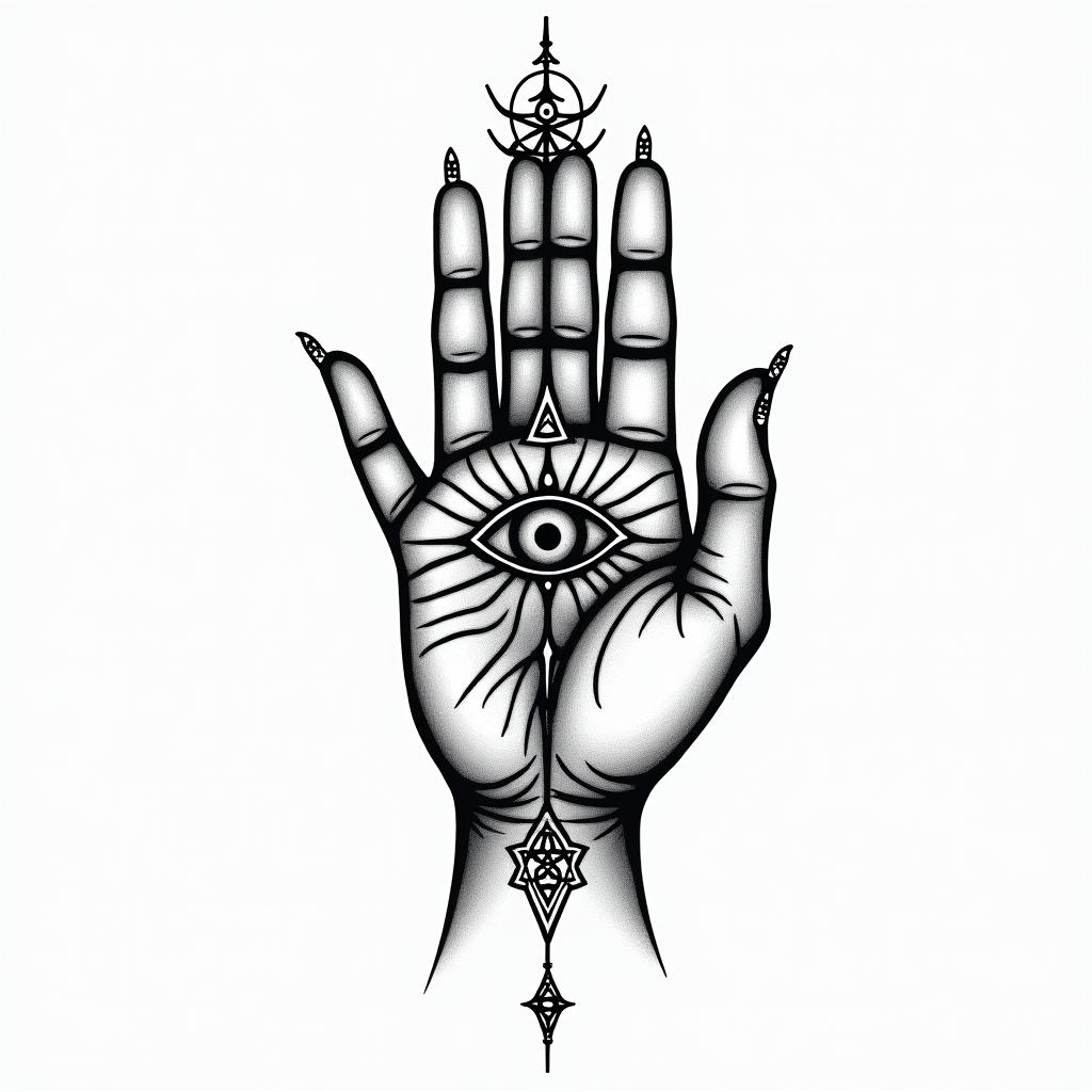 Vadalia Sagittarius Franklin Countyin spiritual symbols tattoo style, featuring an intricate design incorporating elements, Hamsa hand, third eye, minimalist composition