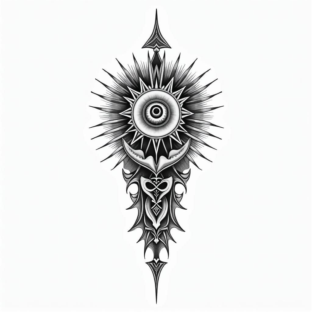 Vadalia Sagittarius Franklin Countyin spiritual symbols tattoo style, featuring an intricate design incorporating elements, Hamsa hand, third eye, minimalist composition - Variation 2