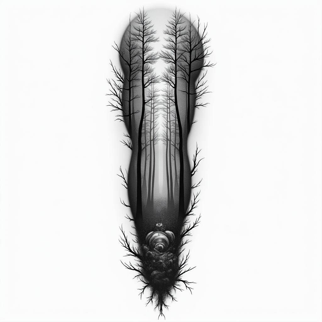 Make me a tattoo design for a full arm sleeve, with a forest themehigly detailed tattoo - Variation 3