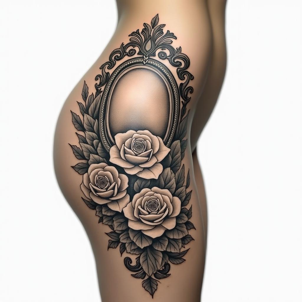 Outer thigh,in victorian style tattoo, featuring vintage and elegant elements, ornate frames, roses, antique, sepia-toned color scheme - Variation 2