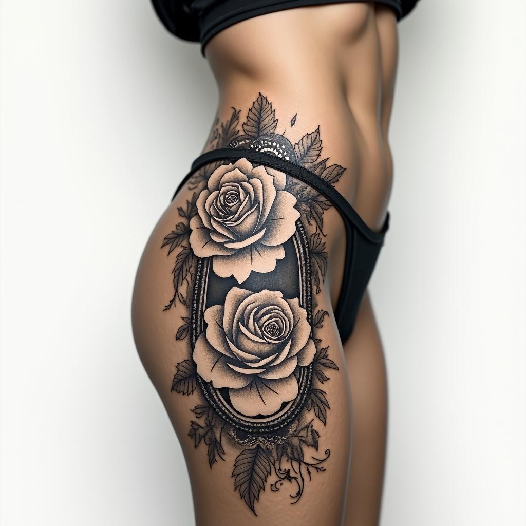 Outer thigh,in victorian style tattoo, featuring vintage and elegant elements, ornate frames, roses, antique, sepia-toned color scheme