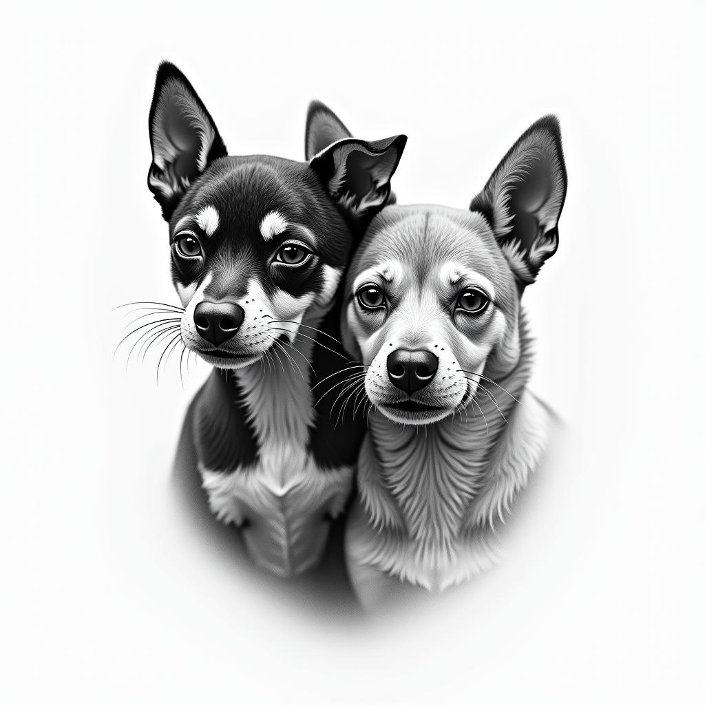 A cat, a mini pinscher dog, 1 labrador type dog.higly detailed tattoo - Variation 2