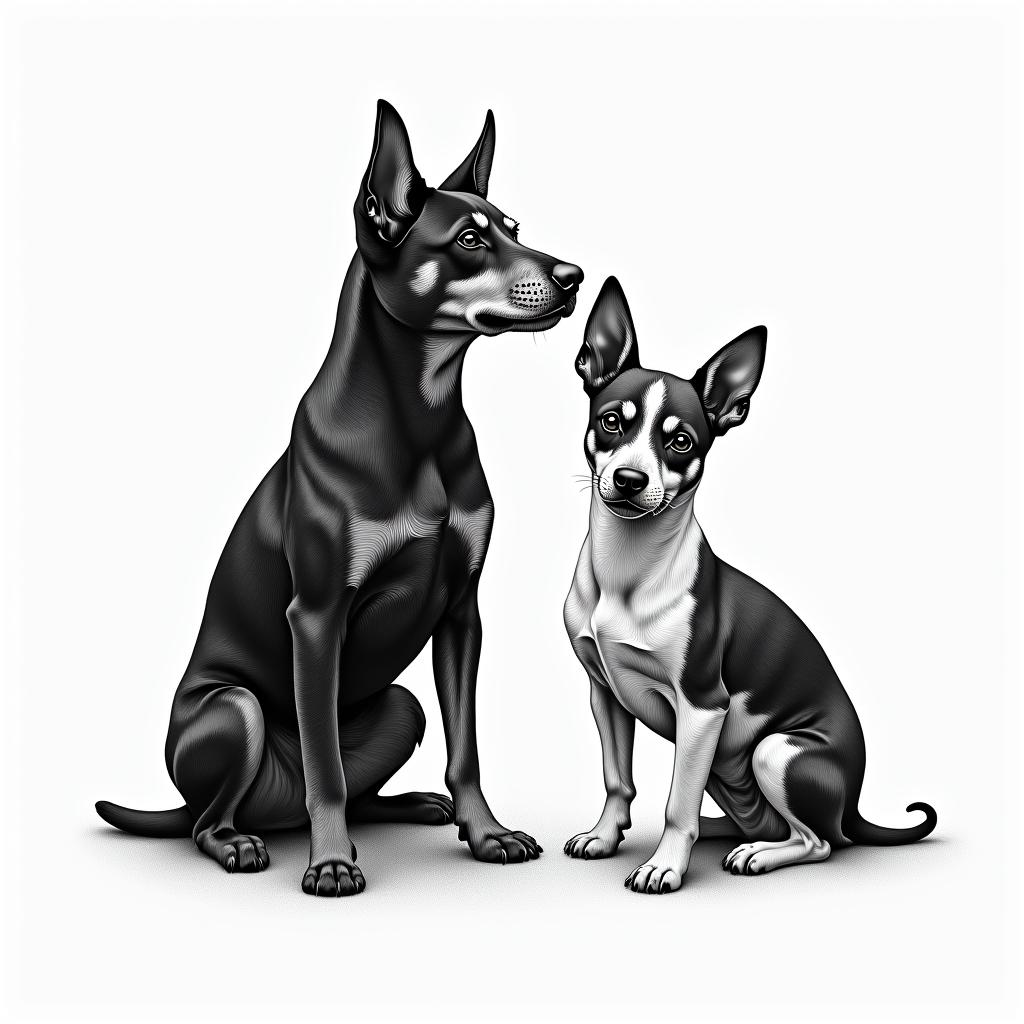A cat, a mini pinscher dog, 1 labrador type dog.higly detailed tattoo