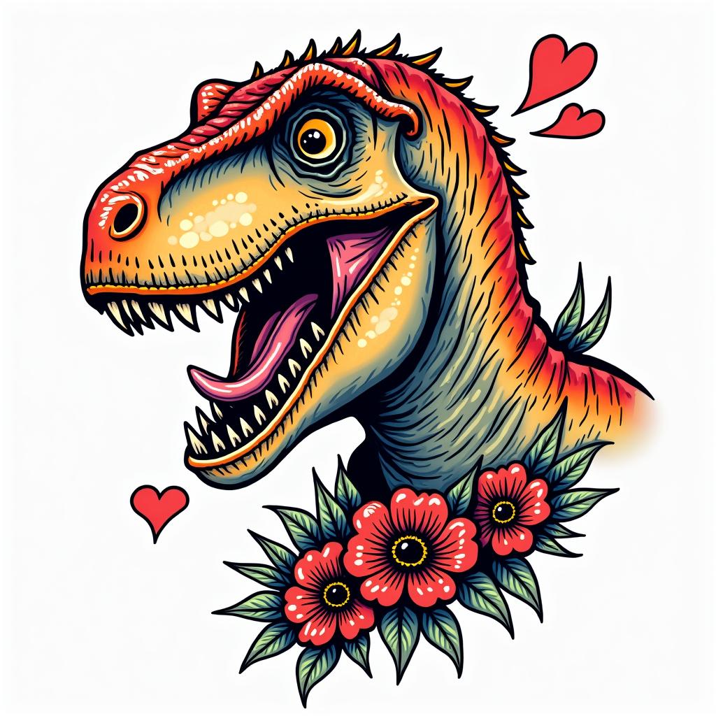 Velociraptorin pop art style tattoo, featuring bold and vibrant colors, exaggerated outlines, iconic imagery, inspired by comic books and speech bubbles, comic book characters, retro pop culture - Variation 2