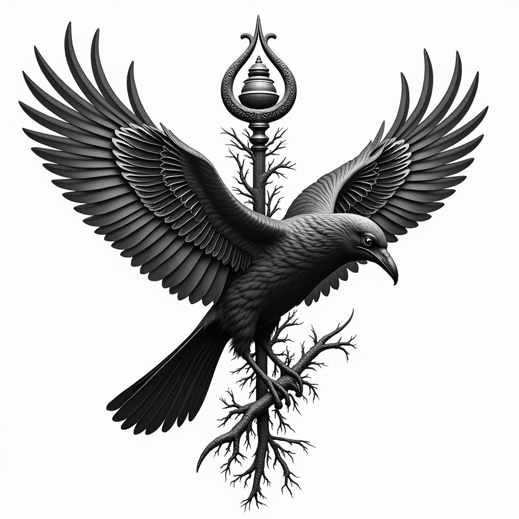 Crow, entangled, thorn, sideways, flapping wings,in egyptian style tattoo, bold elements of ancient egyptian culture including a portrait of an Egyptian pharaoh with detailed facial features, in hieroglyphs and symbolic imagery, eye of horus, ankh symbol, scarab beetle - Variation 4