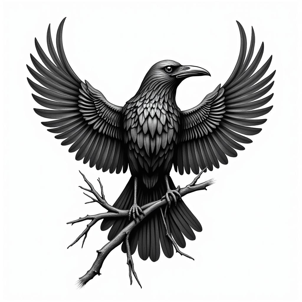 Crow, entangled, thorn, sideways, flapping wings,in egyptian style tattoo, bold elements of ancient egyptian culture including a portrait of an Egyptian pharaoh with detailed facial features, in hieroglyphs and symbolic imagery, eye of horus, ankh symbol, scarab beetle - Variation 3