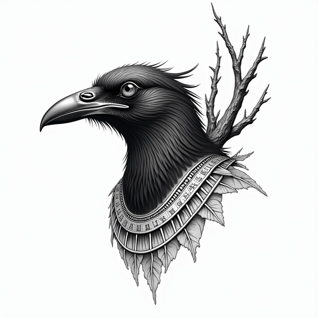 Crow, entangled, thorn, sideways, flapping wings,in egyptian style tattoo, bold elements of ancient egyptian culture including a portrait of an Egyptian pharaoh with detailed facial features, in hieroglyphs and symbolic imagery, eye of horus, ankh symbol, scarab beetle - Variation 2