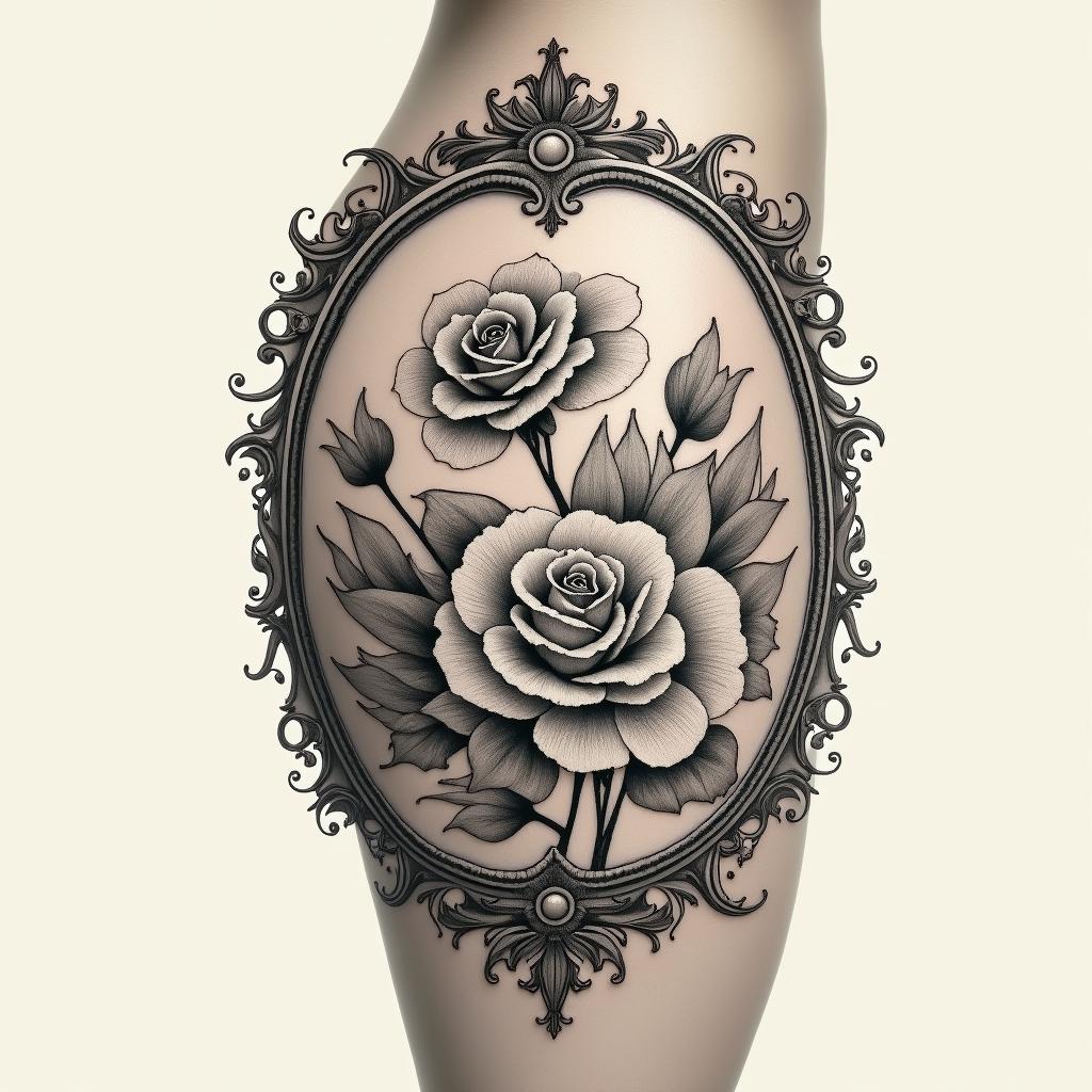 Outer thigh, no flowersin victorian style tattoo, featuring vintage and elegant elements, ornate frames, roses, antique, sepia-toned color scheme - Variation 2
