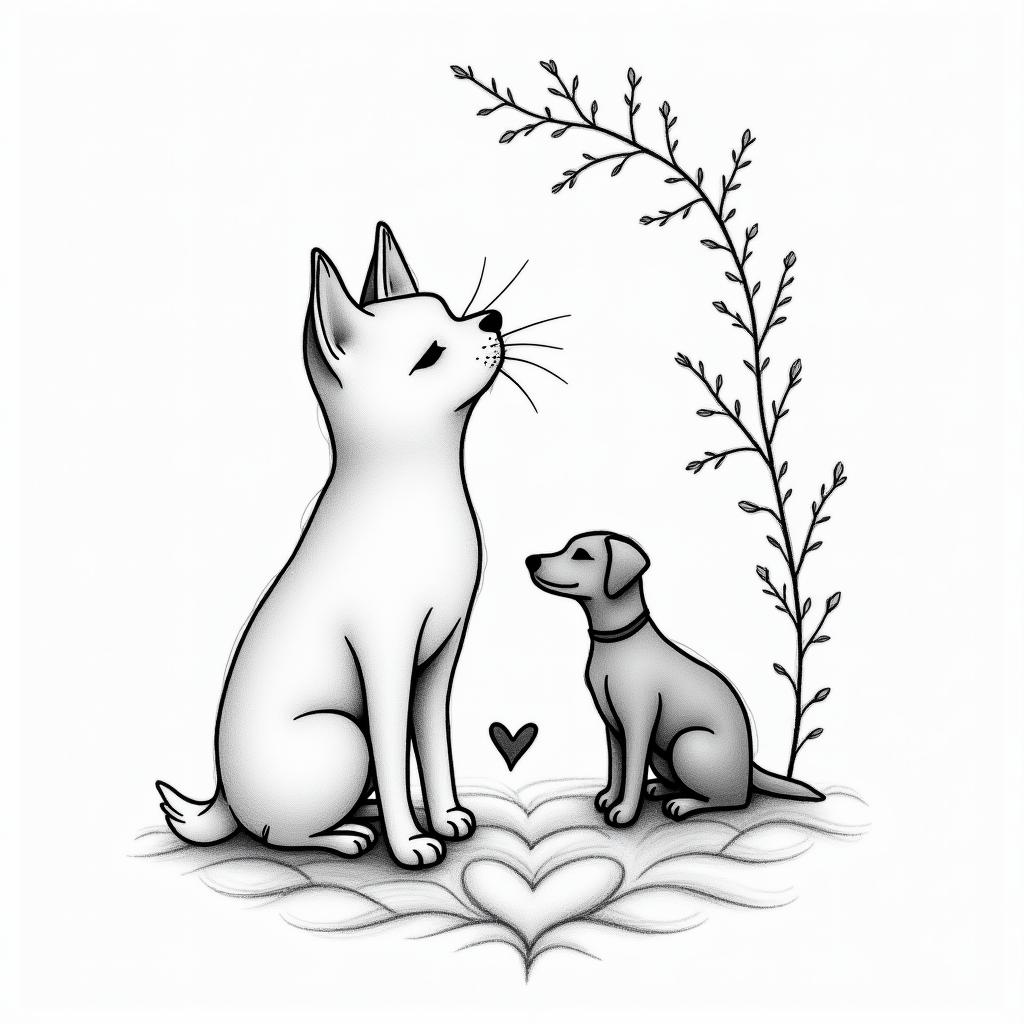 A cat, a mini pinscher dog, 1 labrador-type dog.in Modest style tattoo, featuring soft, delicate line work with simple and meaningful symbols, gentle waves, a heart, evoking a sense of serenity and grace, - Variation 4