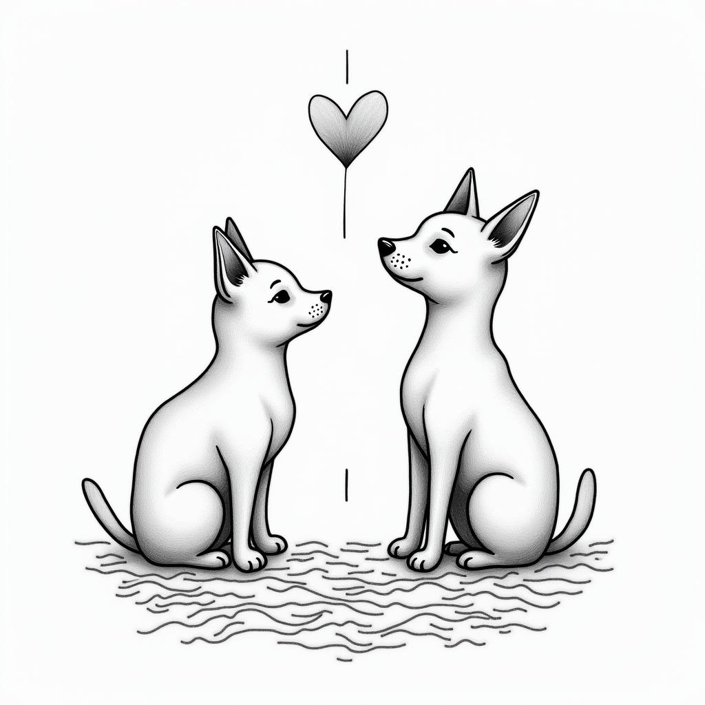 A cat, a mini pinscher dog, 1 labrador-type dog.in Modest style tattoo, featuring soft, delicate line work with simple and meaningful symbols, gentle waves, a heart, evoking a sense of serenity and grace,