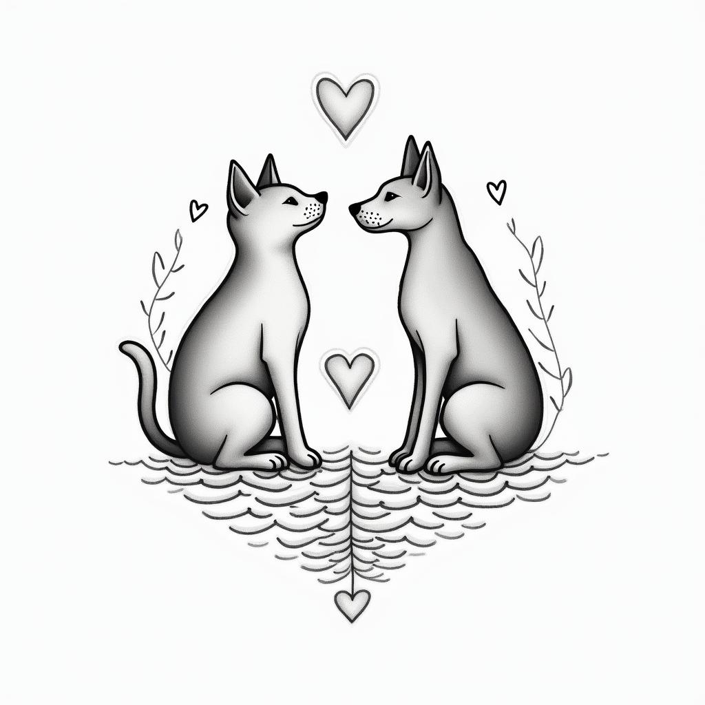 A cat, a mini pinscher dog, 1 labrador-type dog.in Modest style tattoo, featuring soft, delicate line work with simple and meaningful symbols, gentle waves, a heart, evoking a sense of serenity and grace, - Variation 2