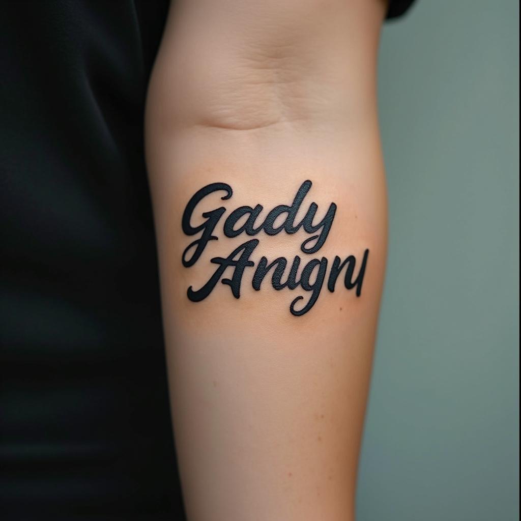 Gladys, gemini, single momtext-based tattoo, japanese font ultra-realistic, perfectly placed, high-quality font design, photo-realistic shading, 8k, high quality, finely detailed typograph