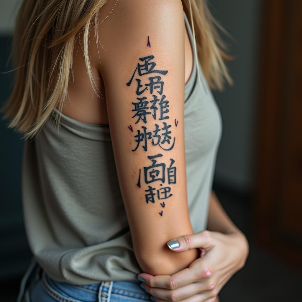 Gladys, gemini, single momtext-based tattoo, japanese font ultra-realistic, perfectly placed, high-quality font design, photo-realistic shading, 8k, high quality, finely detailed typograph - Variation 4