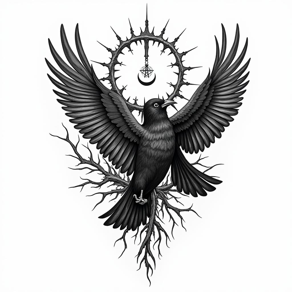 Crows, entangled, wings, thorns, sideways, flapping.in paganic style tattoo, featuring ancient symbols, add vegvisir symbol, mystical figures, incorporating designs, pentagrams, runes, crescent moons, - Variation 4