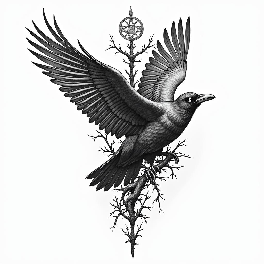 Crows, entangled, wings, thorns, sideways, flapping.in paganic style tattoo, featuring ancient symbols, add vegvisir symbol, mystical figures, incorporating designs, pentagrams, runes, crescent moons, - Variation 2