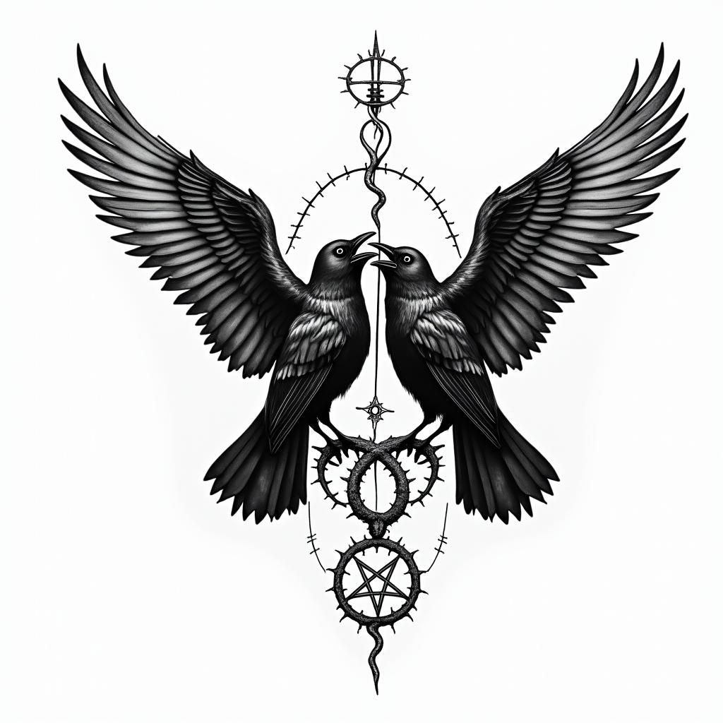 Crows, entangled, wings, thorns, sideways, flapping.in paganic style tattoo, featuring ancient symbols, add vegvisir symbol, mystical figures, incorporating designs, pentagrams, runes, crescent moons,