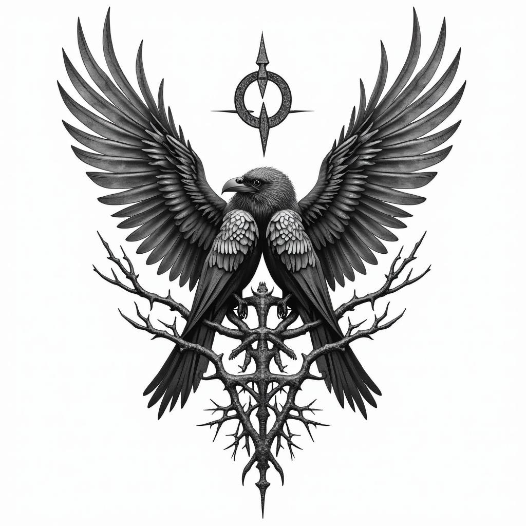 Crows, entangled, wings, thorns, sideways, flapping.in paganic style tattoo, featuring ancient symbols, add vegvisir symbol, mystical figures, incorporating designs, pentagrams, runes, crescent moons, - Variation 3