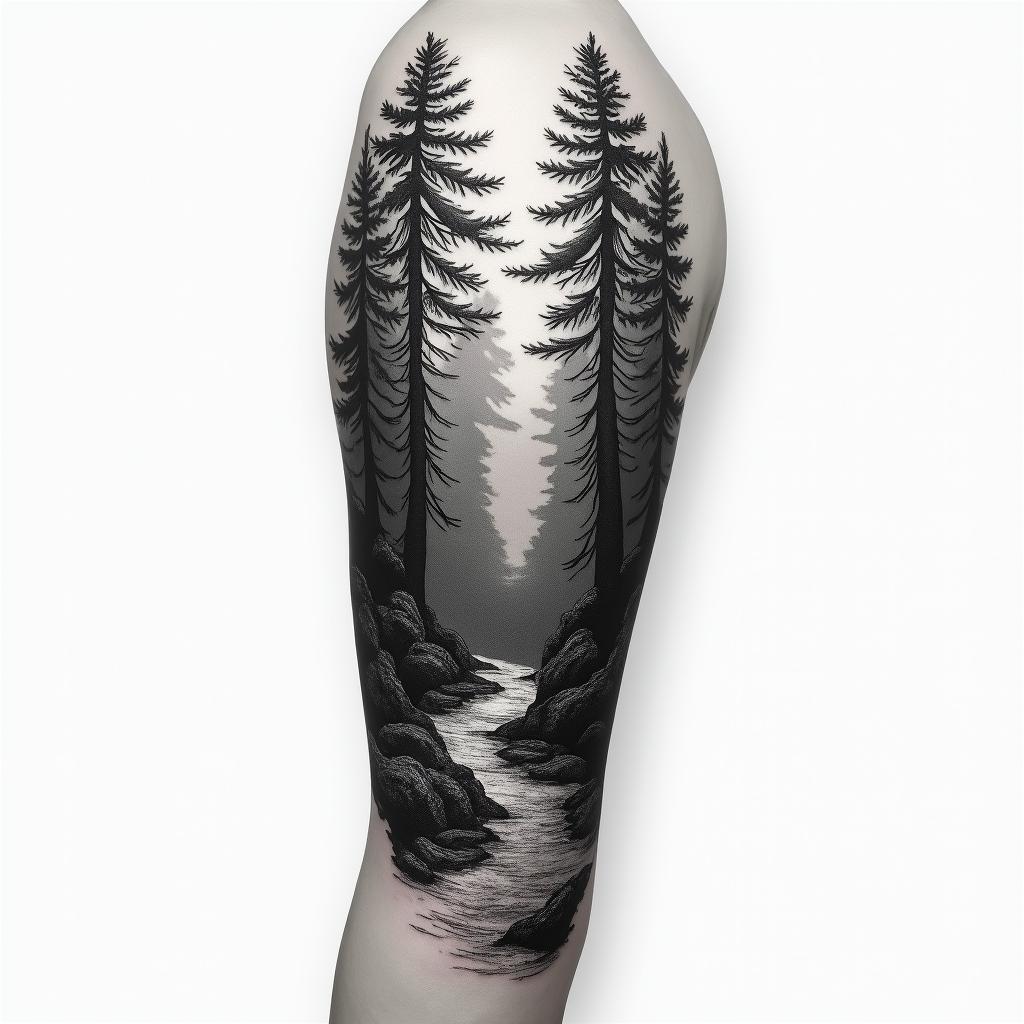 Make me a tattoo design for a full arm sleeve, with a forest themein realism tattoo style, featuring a highly detailed, lifelike, capturing every detail, photorealistic, ultra realistic, intricate shading, smooth and sharp,   - Variation 3