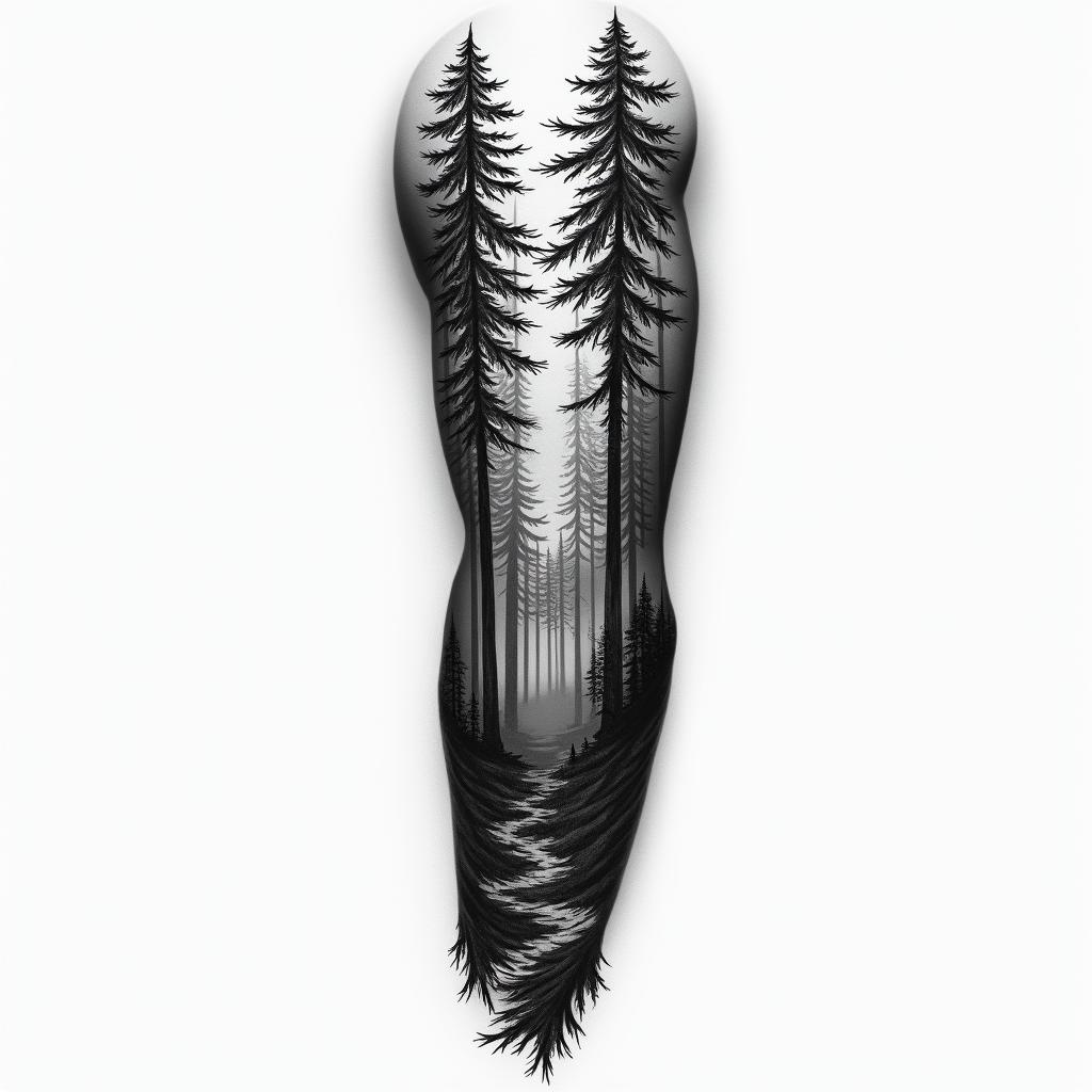 Make me a tattoo design for a full arm sleeve, with a forest themein realism tattoo style, featuring a highly detailed, lifelike, capturing every detail, photorealistic, ultra realistic, intricate shading, smooth and sharp,