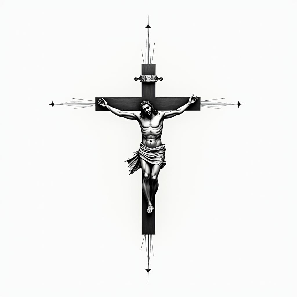 Jesus carrying the crossin minimalist style tattoo, featuring simple shapes and fine lines, with minimal shading and details, tiny triangles, creating a sense of balance and harmony