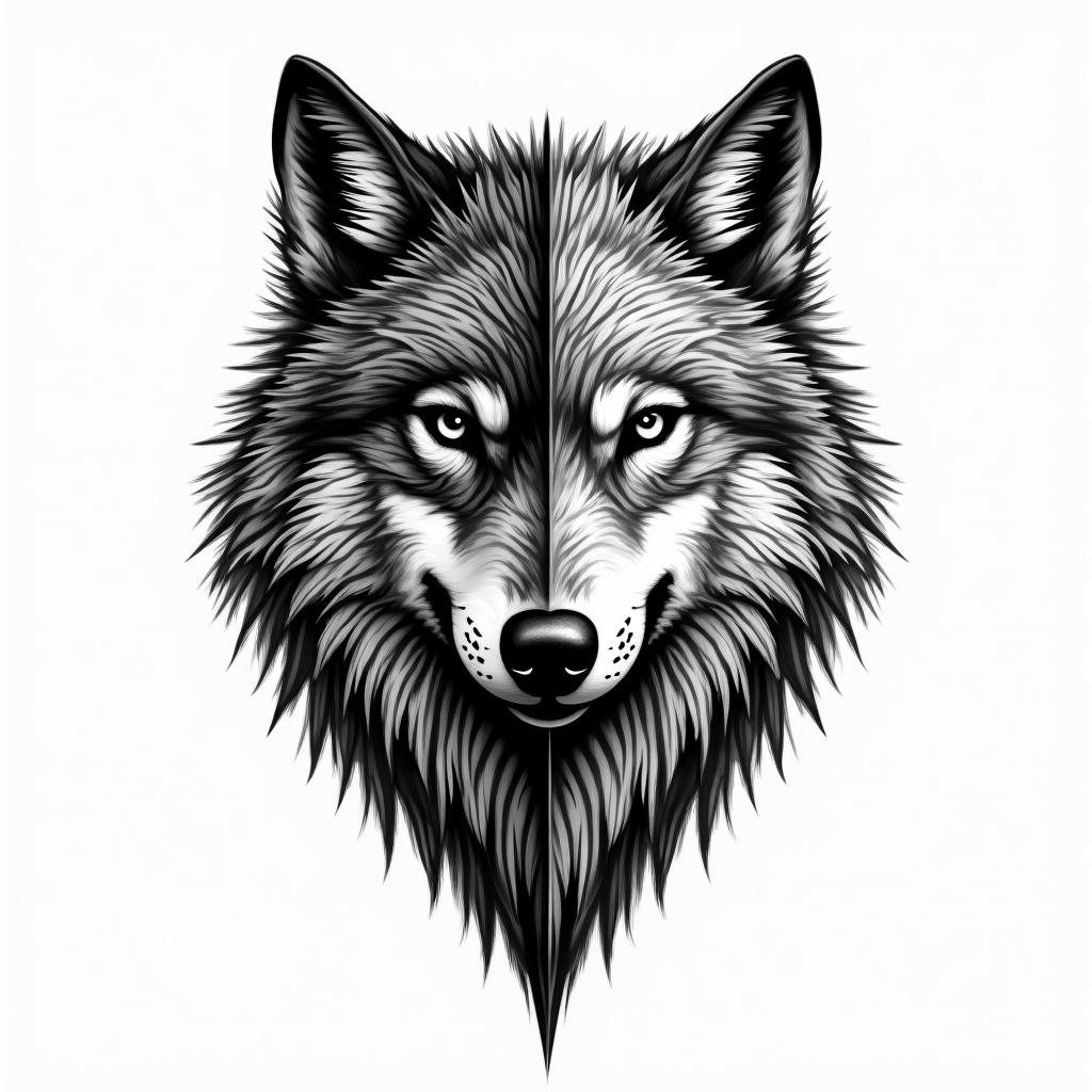 Wolf half face and falcon half face inside the shieldin bohemian style tattoo, 8k - Variation 4
