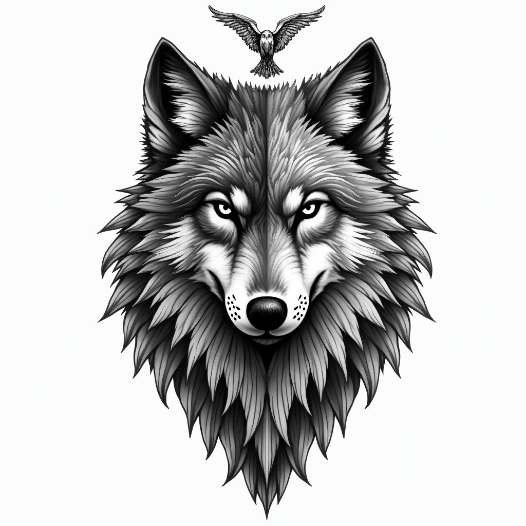 Wolf half face and falcon half face inside the shieldin bohemian style tattoo, 8k - Variation 3