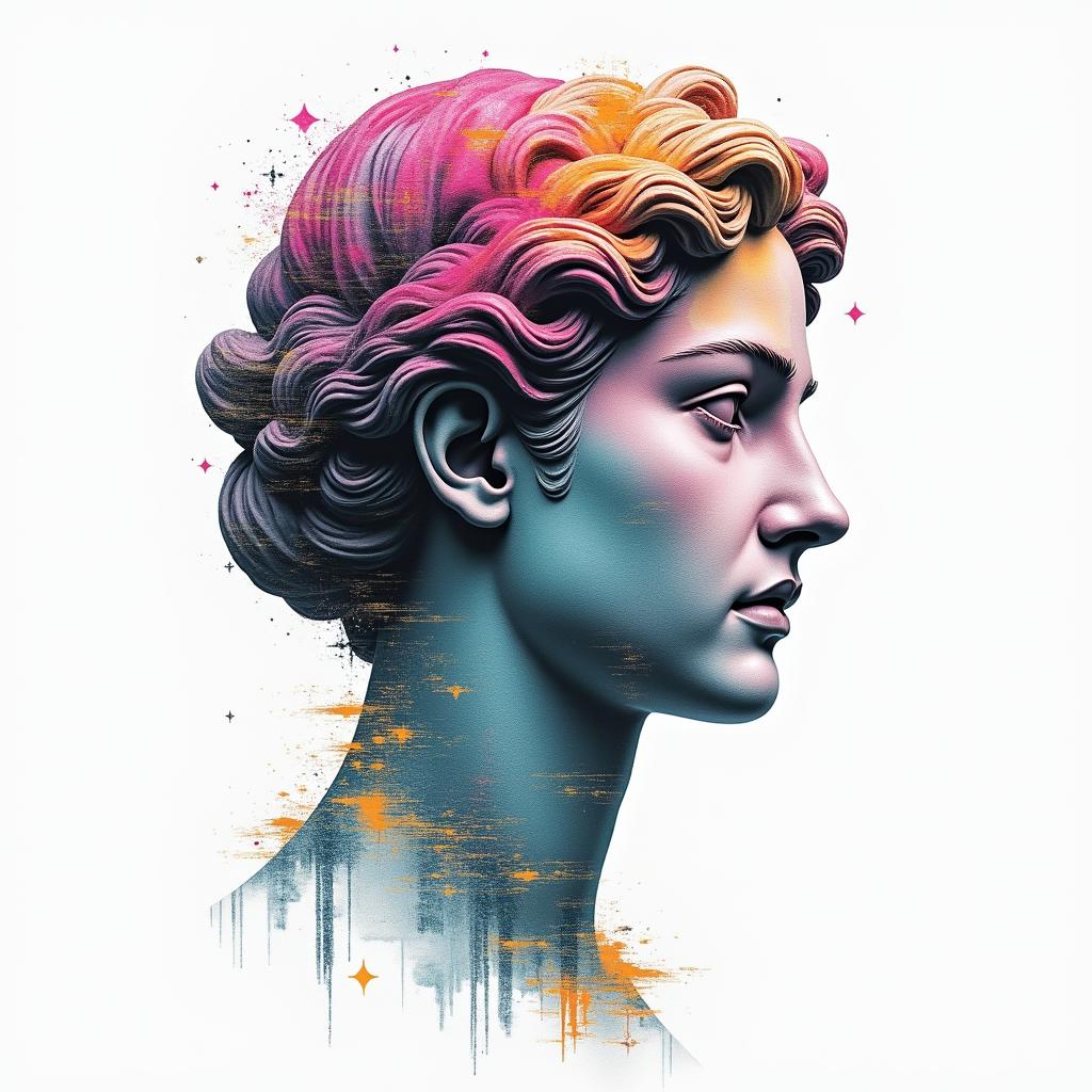 A mix of Libra, Virgo and Pisces tattoo ideain distorted and fragmented tattoo design, featuring a classical statue bust, in a glitch art style with vibrant, overlapping colors of cyan, magenta, and yellow, creating a digital distortion effect - Variation 4
