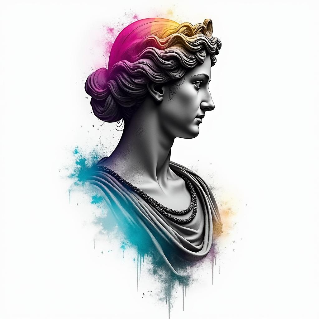 A mix of Libra, Virgo and Pisces tattoo ideain distorted and fragmented tattoo design, featuring a classical statue bust, in a glitch art style with vibrant, overlapping colors of cyan, magenta, and yellow, creating a digital distortion effect