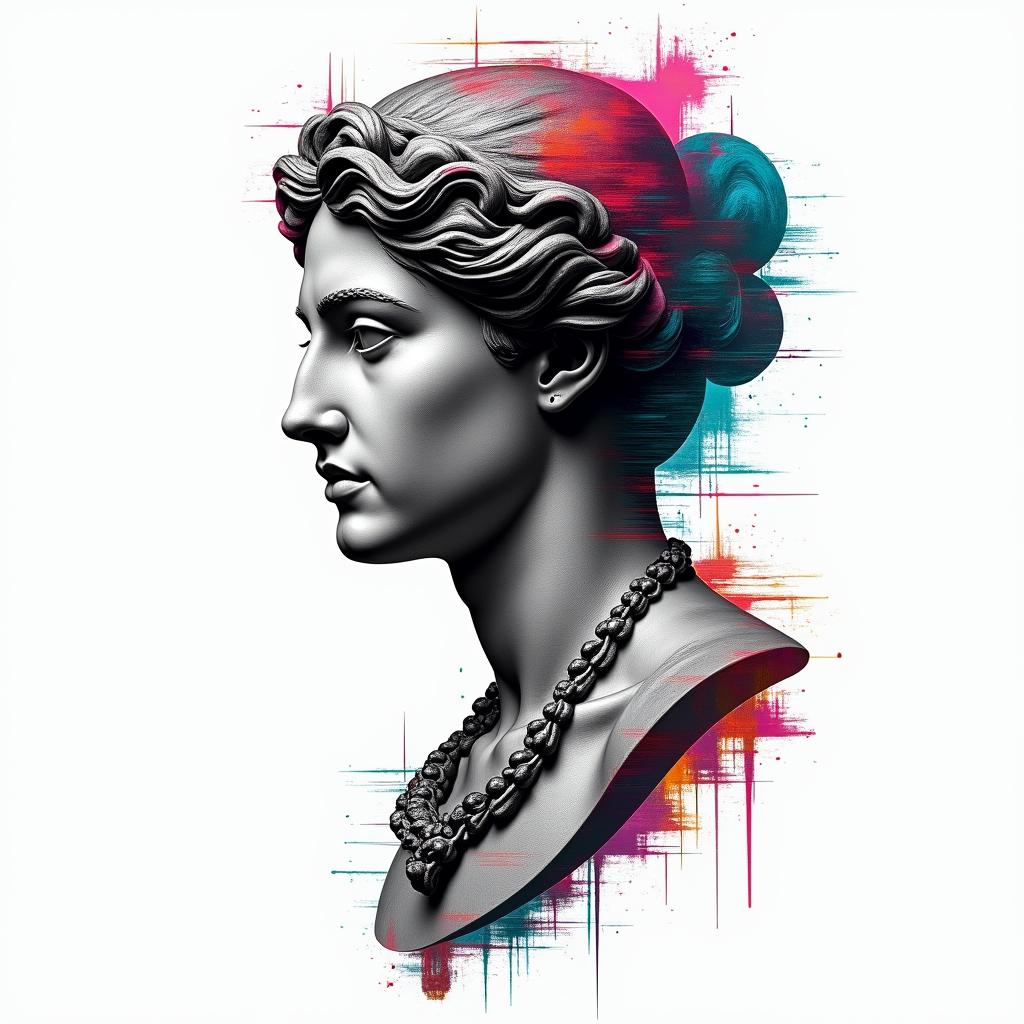 A mix of Libra, Virgo and Pisces tattoo ideain distorted and fragmented tattoo design, featuring a classical statue bust, in a glitch art style with vibrant, overlapping colors of cyan, magenta, and yellow, creating a digital distortion effect - Variation 3