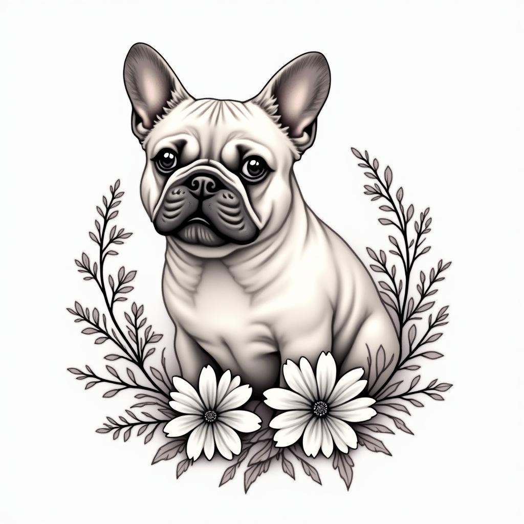 A soft and delicate tattoo design featuring a French bulldog named "Tonka," surrounded by beautiful flowers symbolizing love and remembrance. Incorporate a cherished toy alongside her name "Toy" in an elegant font. The overall vibe should be gentle and nurturing, creating a heartfelt tribute to a beloved pet that was part of the client’s life for 15 years.higly detailed tattoo - Variation 3