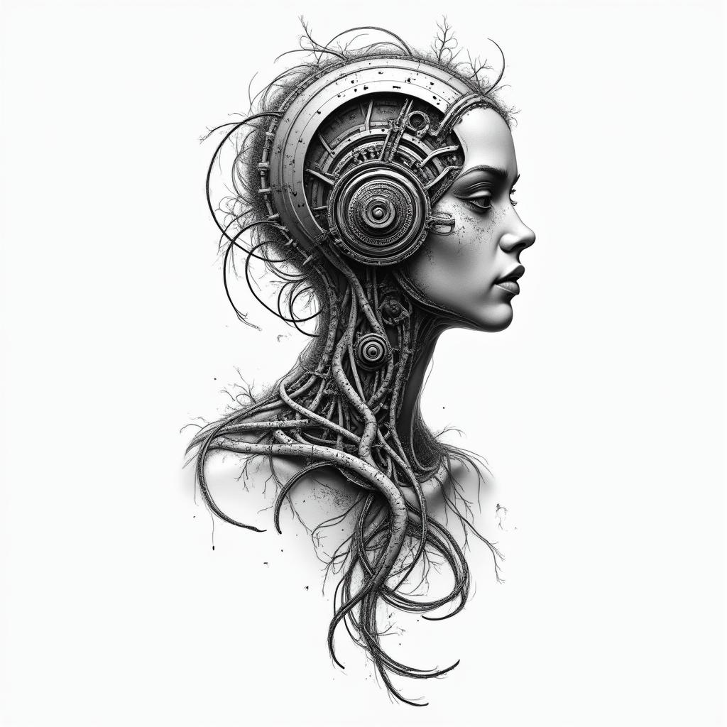 A mix of Libra, Virgo and Pisces tattoo ideatattoo in biomechanic style, the tattoo covered by robotic elements of futuristic cyberpunk design, robotic features detail, showcasing intricate mechanical components - Variation 3