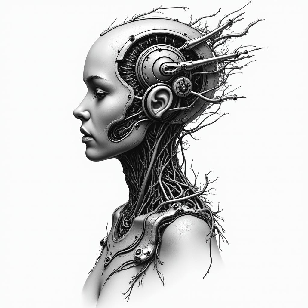 A mix of Libra, Virgo and Pisces tattoo ideatattoo in biomechanic style, the tattoo covered by robotic elements of futuristic cyberpunk design, robotic features detail, showcasing intricate mechanical components - Variation 4