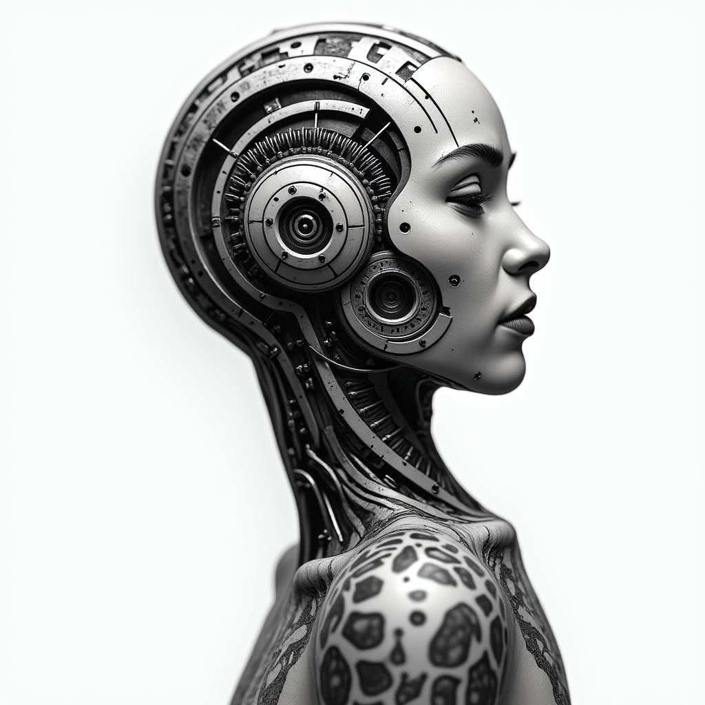 A mix of Libra, Virgo and Pisces tattoo ideatattoo in biomechanic style, the tattoo covered by robotic elements of futuristic cyberpunk design, robotic features detail, showcasing intricate mechanical components