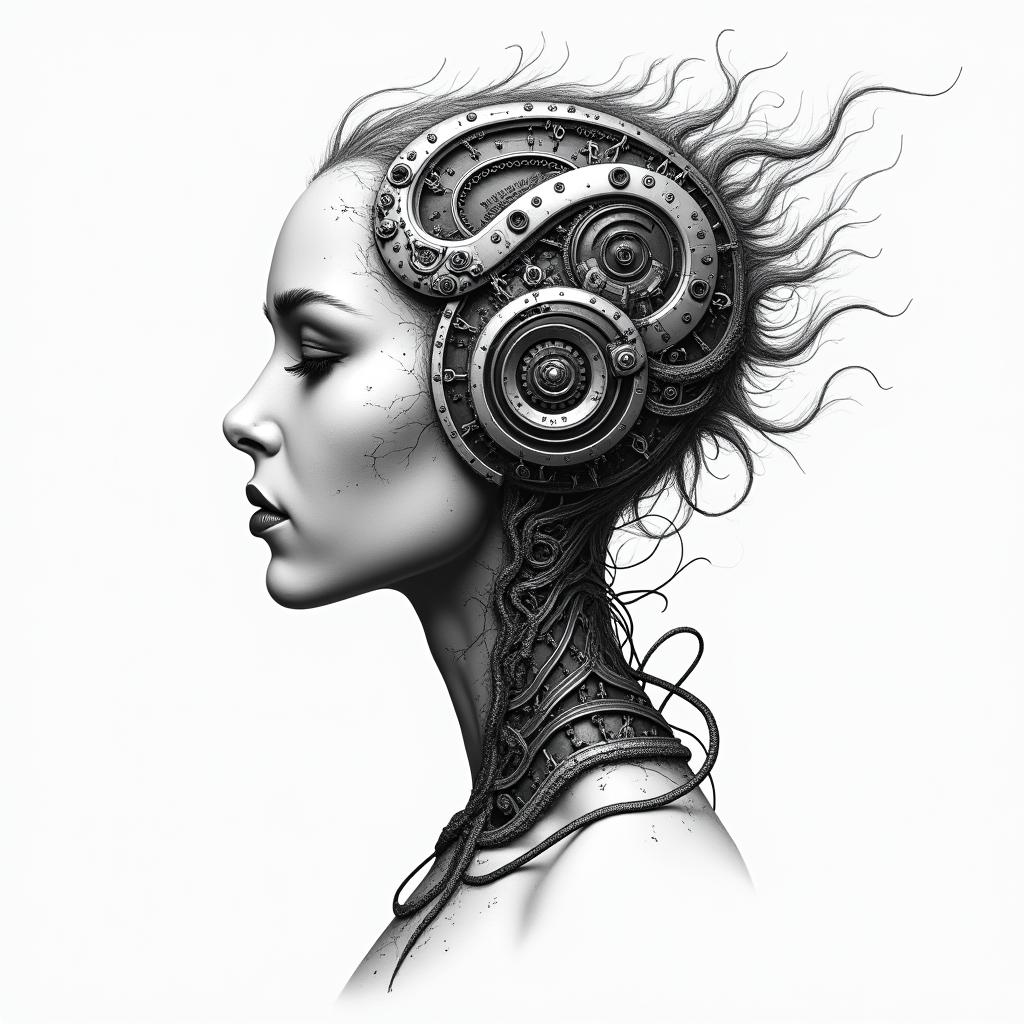 A mix of Libra, Virgo and Pisces tattoo ideatattoo in biomechanic style, the tattoo covered by robotic elements of futuristic cyberpunk design, robotic features detail, showcasing intricate mechanical components - Variation 2
