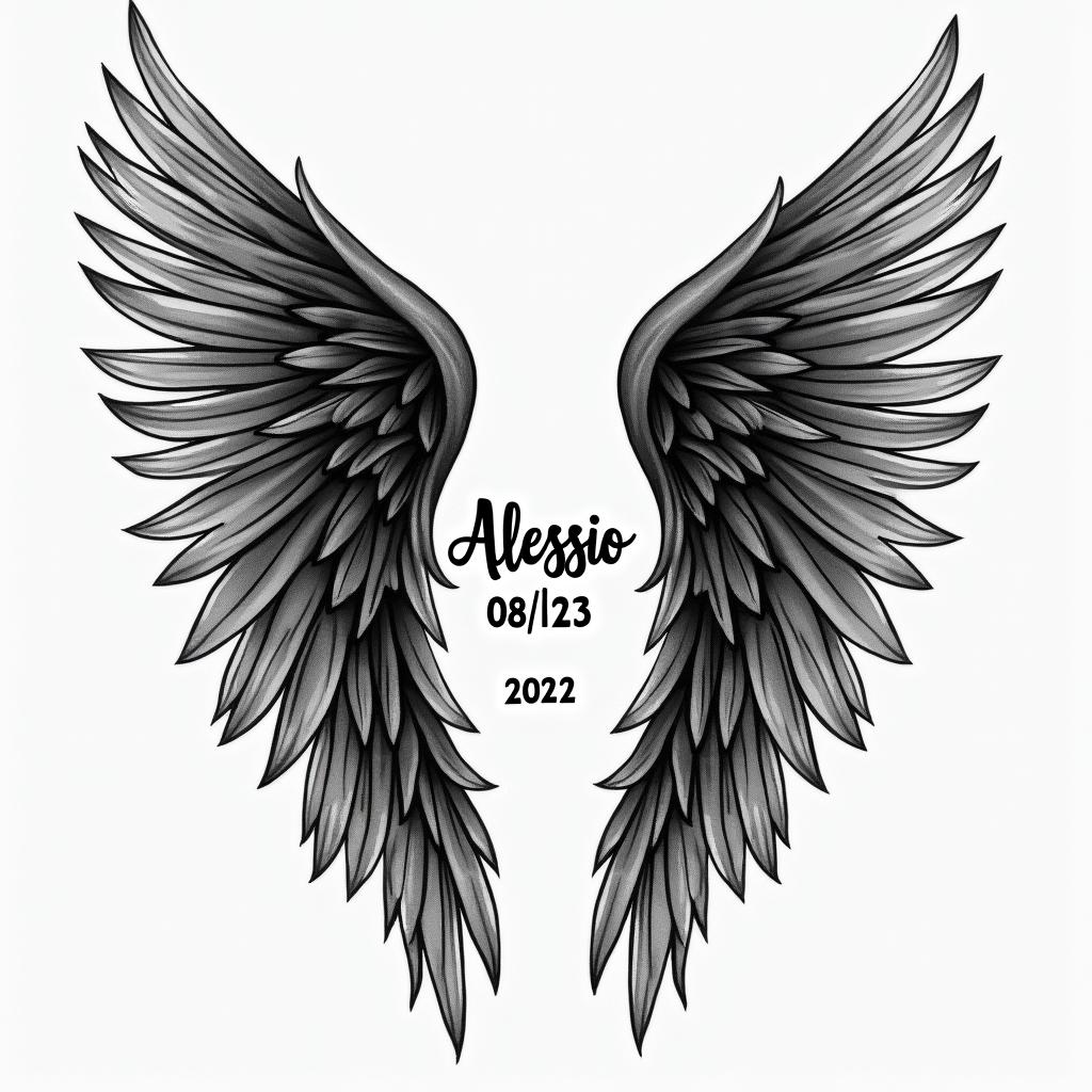 A tattoo design featuring black angel wings, integrated with the name "Alessio" in a stylized manner. The birth date "08/01/2023" is discreetly incorporated into the pattern, adding a personal and symbolic touch to the tribute for his son.higly detailed tattoo - Variation 3