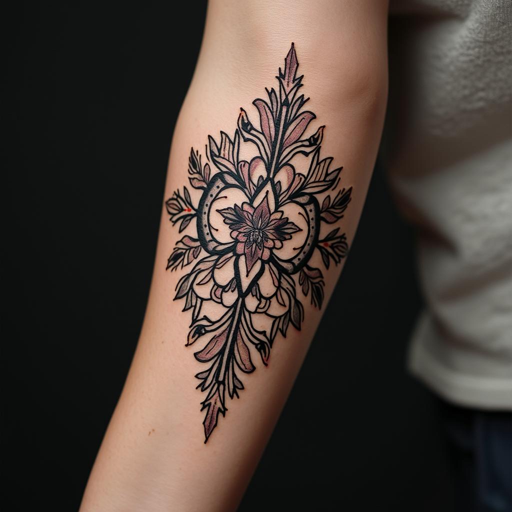 Gladysin ornamental tattoo style, featuring intricate symmetrical patterns and floral designs, showcasing highly detailed line work and geometric shapes, creating a sense of elegance and balance - Variation 2