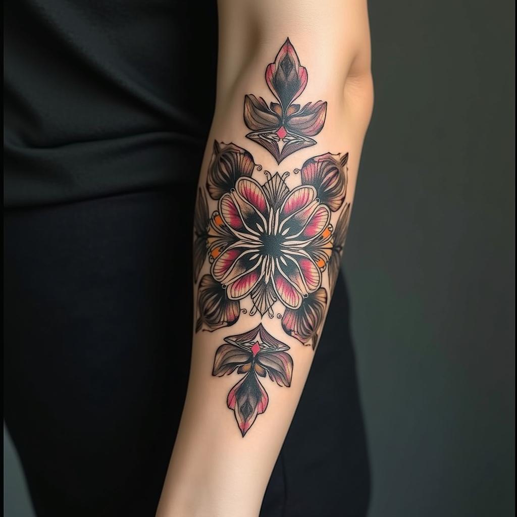 Gladysin ornamental tattoo style, featuring intricate symmetrical patterns and floral designs, showcasing highly detailed line work and geometric shapes, creating a sense of elegance and balance